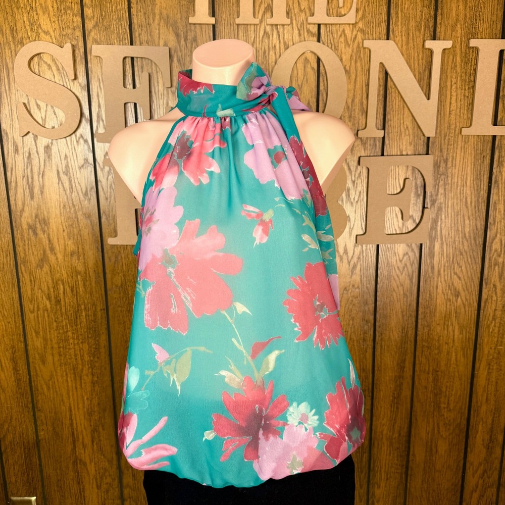 Stacy Frati Floral Halter Top Women Medium Teal Pink Preppy Work Tie Neck Blouse